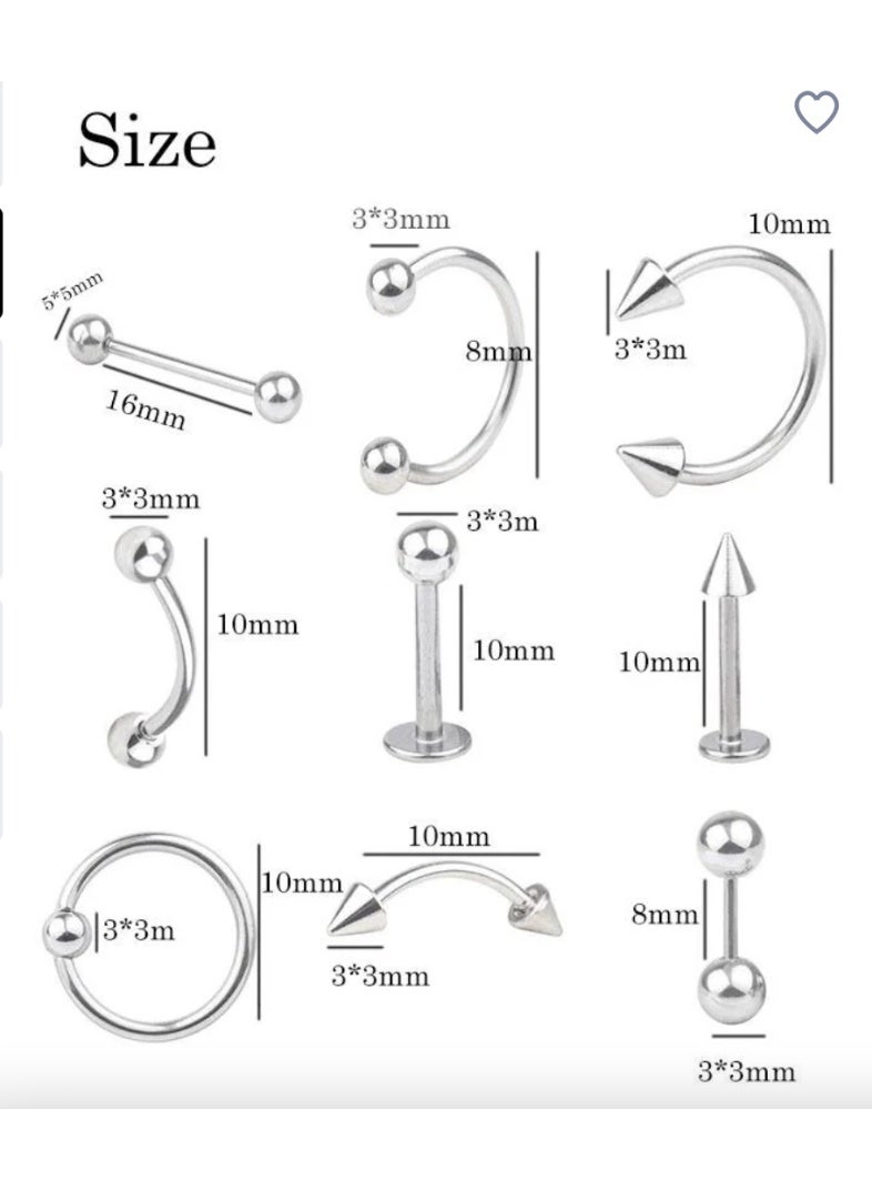 9 Piece Different Body Piercing Jewelry for All Piercings, Stainless Steel Ring Tongue Eyebrow Lip Belly Button Nose Body Piercing Earrings Jewelry Set - Image 2